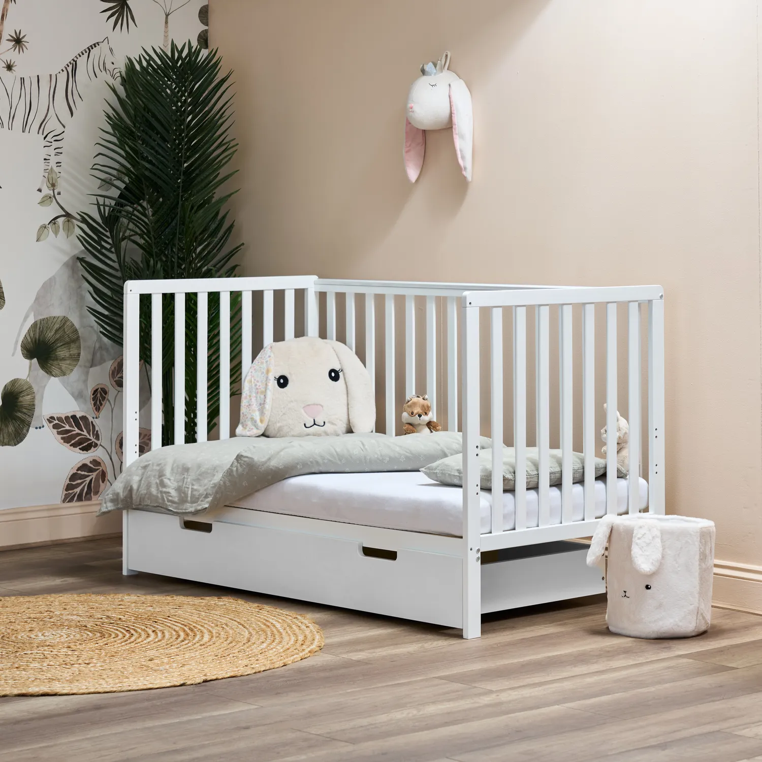 Obaby Bantam postýlka 140×70 se šuplíkem a matrací bílá