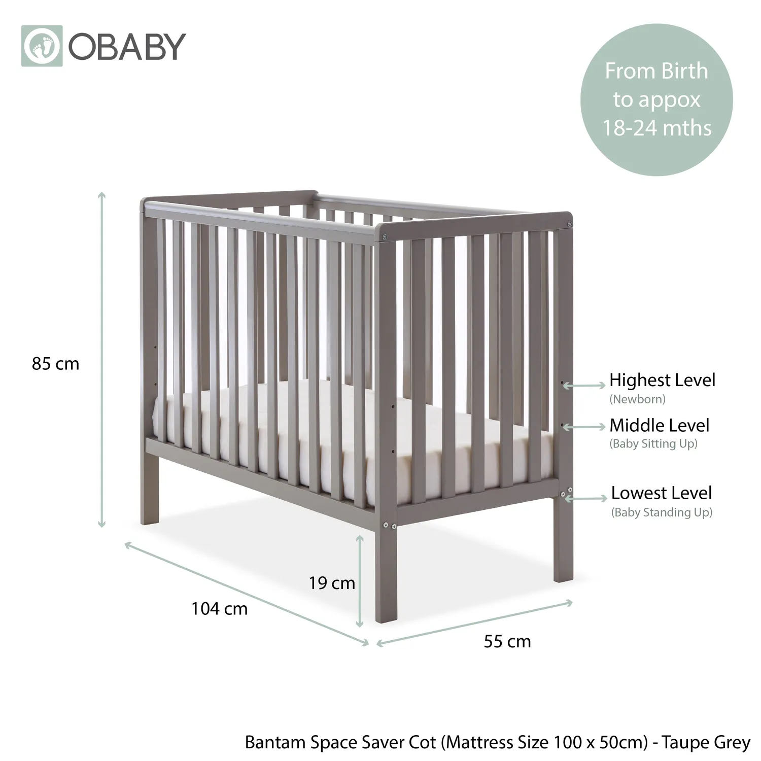 Obaby Bantam Space Saver Cot postýlka taupe grey s úložným šuplíkem
