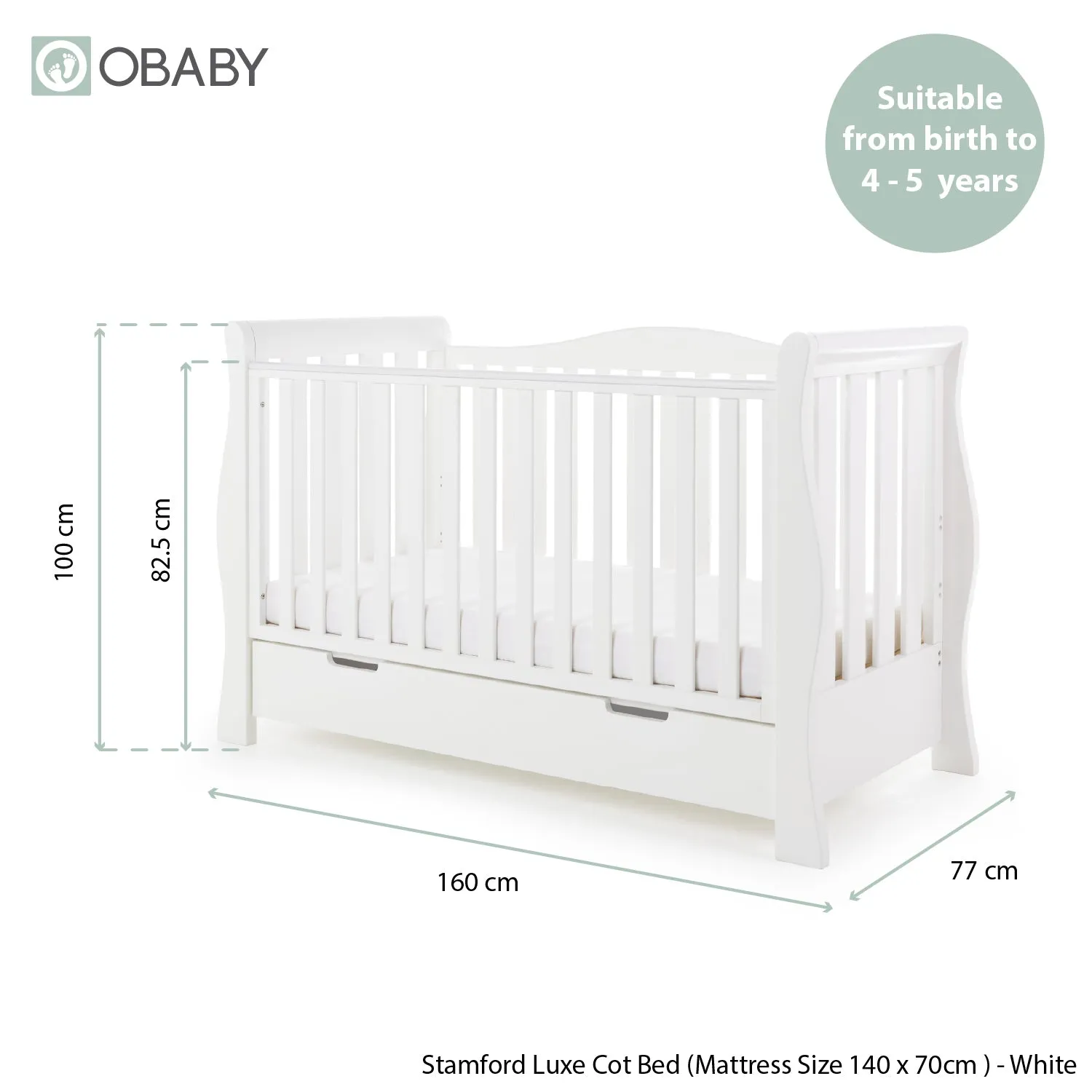 Obaby Stamford Luxe Sleigh cot bed postýlka 140 × 70 cm